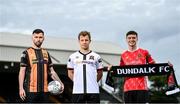 27 July 2022; Dundalk FC's new signings, from left, Robbie McCourt, Runar Hauge and Alfie Lewis after they were unveiled at Oriel Park in Dundalk, Louth. Photo by David Fitzgerald/Sportsfile
