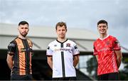 27 July 2022; Dundalk FC's new signings, from left, Robbie McCourt, Runar Hauge and Alfie Lewis after they were unveiled at Oriel Park in Dundalk, Louth. Photo by David Fitzgerald/Sportsfile
