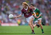 24 July 2022; Aine McCullagh, Queen of the Universe N.S., Bagenalstown, Carlow, representing Galway in action against Lily O’Riordan, Cullina N.S., Killarney, Kerry, representing Kerry during the INTO Cumann na mBunscol GAA Respect Exhibition Go Games at GAA All-Ireland Senior Football Championship Final match between Kerry and Galway at Croke Park in Dublin. Photo by Brendan Moran/Sportsfile