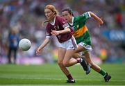 24 July 2022; Aine McCullagh, Queen of the Universe N.S., Bagenalstown, Carlow, representing Galway in action against Lily O’Riordan, Cullina N.S., Killarney, Kerry, representing Kerry during the INTO Cumann na mBunscol GAA Respect Exhibition Go Games at GAA All-Ireland Senior Football Championship Final match between Kerry and Galway at Croke Park in Dublin. Photo by Brendan Moran/Sportsfile