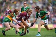 24 July 2022; Jessica Lombard, St. Pius X GNS, Terenure, Dublin, representing Galway in action against Niamh O'Connor, Cloghroe NS, Cloghroe, Cork, representing Kerry, left, and Elanor Fallon, St Ultan's N.S., Bohermeen, Meath, representing Kerry during the INTO Cumann na mBunscol GAA Respect Exhibition Go Games at GAA All-Ireland Senior Football Championship Final match between Kerry and Galway at Croke Park in Dublin. Photo by Brendan Moran/Sportsfile