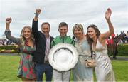 27 July 2022; Jockey Jordan Gainford with his family, from left, sister Gemma, father Colin, mother Avril and sister Andrea after winning the Tote Galway Plate on Hewick during day three of the Galway Races Summer Festival at Ballybrit Racecourse in Galway. Photo by Seb Daly/Sportsfile