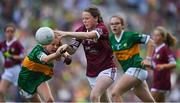 24 July 2022; Lauren de Burca, Scoil Bhride, Ranelagh, Dublin, representing Galway in action against Niamh O'Connor, Cloghroe NS, Cloghroe, Cork, representing Kerry during the INTO Cumann na mBunscol GAA Respect Exhibition Go Games at GAA All-Ireland Senior Football Championship Final match between Kerry and Galway at Croke Park in Dublin. Photo by Brendan Moran/Sportsfile