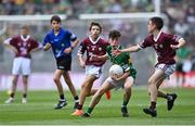 24 July 2022; Donnacha Malone, Scoil Mhuire, Glenties, Donegal, representing Kerry, in action against Dylan McMullan, Mary Queen of Peace PS, Glenravel, Antrim, representing Galway, right, during the INTO Cumann na mBunscol GAA Respect Exhibition Go Games at GAA All-Ireland Senior Football Championship Final match between Kerry and Galway at Croke Park in Dublin. Photo by Piaras Ó Mídheach/Sportsfile