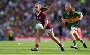 24 July 2022; Aoife Maguire, Emper N.S., Ballynacargy, Westmeath, representing Galway in action against Meabh Donnelly, St. Joseph's P.S., Drumquin, Tyrone, representing Kerry during the INTO Cumann na mBunscol GAA Respect Exhibition Go Games at GAA All-Ireland Senior Football Championship Final match between Kerry and Galway at Croke Park in Dublin. Photo by Brendan Moran/Sportsfile