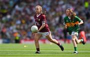 24 July 2022; Aoife Maguire, Emper N.S., Ballynacargy, Westmeath, representing Galway in action against Meabh Donnelly, St. Joseph's P.S., Drumquin, Tyrone, representing Kerry during the INTO Cumann na mBunscol GAA Respect Exhibition Go Games at GAA All-Ireland Senior Football Championship Final match between Kerry and Galway at Croke Park in Dublin. Photo by Brendan Moran/Sportsfile