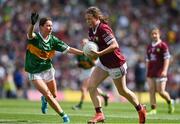 24 July 2022; Lauren de Burca, Scoil Bhride, Ranelagh, Dublin, representing Galway in action against Elanor Fallon, St Ultan's N.S., Bohermeen, Meath, representing Kerry during the INTO Cumann na mBunscol GAA Respect Exhibition Go Games at GAA All-Ireland Senior Football Championship Final match between Kerry and Galway at Croke Park in Dublin. Photo by Brendan Moran/Sportsfile