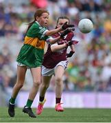 24 July 2022; Niamh O'Connor, Cloghroe NS, Cloghroe, Cork, representing Kerry in action against Grace Gunn, Abbeycartron N.S., Elphin, Roscommon, representing Galway during the INTO Cumann na mBunscol GAA Respect Exhibition Go Games at GAA All-Ireland Senior Football Championship Final match between Kerry and Galway at Croke Park in Dublin. Photo by Brendan Moran/Sportsfile