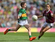 24 July 2022; Megan Mullally, Holy Trinity PS, Enniskillen, Fermanagh, representing Kerry in action against Katelynn Wilson Daniels, Holy Family SNS, Swords, Dublin, representing Galway during the INTO Cumann na mBunscol GAA Respect Exhibition Go Games at GAA All-Ireland Senior Football Championship Final match between Kerry and Galway at Croke Park in Dublin. Photo by Brendan Moran/Sportsfile