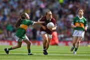 24 July 2022; Aoife Maguire, Emper N.S., Ballynacargy, Westmeath, representing Galway in action against Meabh Donnelly, St. Joseph's P.S., Drumquin, Tyrone, representing Kerry during the INTO Cumann na mBunscol GAA Respect Exhibition Go Games at GAA All-Ireland Senior Football Championship Final match between Kerry and Galway at Croke Park in Dublin. Photo by Brendan Moran/Sportsfile