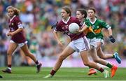 24 July 2022; Katelynn Wilson Daniels, Holy Family SNS, Swords, Dublin, representing Galway in action against Megan Mullally, Holy Trinity PS, Enniskillen, Fermanagh, representing Kerry during the INTO Cumann na mBunscol GAA Respect Exhibition Go Games at GAA All-Ireland Senior Football Championship Final match between Kerry and Galway at Croke Park in Dublin. Photo by Brendan Moran/Sportsfile