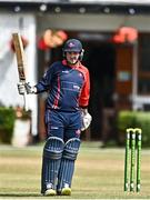 28 July 2022; John Matchett of Northern Knights after bringing up his half century during the Cricket Ireland Inter-Provincial Trophy match between Munster Reds and Northern Knights at Pembroke Cricket Club in Dublin. Photo by Sam Barnes/Sportsfile