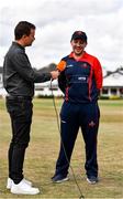 28 July 2022; Player of the match John Matchett of Northern Knights is interviewed by HBV studios commentator Andrew Blair White during the Cricket Ireland Inter-Provincial Trophy match between Munster Reds and Northern Knights at Pembroke Cricket Club in Dublin. Photo by Sam Barnes/Sportsfile