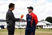 28 July 2022; Player of the match John Matchett of Northern Knights is interviewed by HBV studios commentator Andrew Blair White during the Cricket Ireland Inter-Provincial Trophy match between Munster Reds and Northern Knights at Pembroke Cricket Club in Dublin. Photo by Sam Barnes/Sportsfile