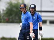 28 July 2022; George Dockrell of Leinster Lightning, right, is congratulated by team-mate Harry Tector, after bringing up his half century during the Cricket Ireland Inter-Provincial Trophy match between Leinster Lightning and North West Warriors at Pembroke Cricket Club in Dublin. Photo by Sam Barnes/Sportsfile