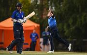 28 July 2022; Josh Little of Leinster Lightning, right, celebrates after bowling Graham Kennedy of North West Warriors, left, during the Cricket Ireland Inter-Provincial Trophy match between Leinster Lightning and North West Warriors at Pembroke Cricket Club in Dublin. Photo by Sam Barnes/Sportsfile