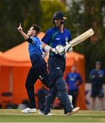 28 July 2022; Josh Little of Leinster Lightning celebrates after bowling Graham Kennedy of North West Warriors during the Cricket Ireland Inter-Provincial Trophy match between Leinster Lightning and North West Warriors at Pembroke Cricket Club in Dublin. Photo by Sam Barnes/Sportsfile