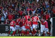 28 July 2022; Sligo Rovers players and supporters celebrate their side's first goal scored by Shane Blaney during the UEFA Europa Conference League 2022/23 Second Qualifying Round First Leg match between Sligo Rovers and Motherwell at The Showgrounds in Sligo. Photo by David Fitzgerald/Sportsfile