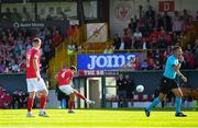 28 July 2022; Shane Blaney of Sligo shoots to score his side's first goal during the UEFA Europa Conference League 2022/23 Second Qualifying Round First Leg match between Sligo Rovers and Motherwell at The Showgrounds in Sligo. Photo by David Fitzgerald/Sportsfile