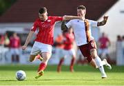 28 July 2022; Aidan Keena of Sligo Rovers in action against Callum Slattery of Motherwell during the UEFA Europa Conference League 2022/23 Second Qualifying Round First Leg match between Sligo Rovers and Motherwell at The Showgrounds in Sligo. Photo by David Fitzgerald/Sportsfile