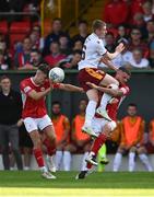 28 July 2022; Adam McDonnell of Sligo in action against Ross Tierney of Motherwell during the UEFA Europa Conference League 2022/23 Second Qualifying Round First Leg match between Sligo Rovers and Motherwell at The Showgrounds in Sligo. Photo by David Fitzgerald/Sportsfile