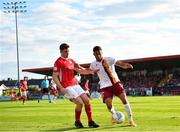 28 July 2022; Jake Carroll of Motherwell in action against Karl O' Sullivan of Sligo during the UEFA Europa Conference League 2022/23 Second Qualifying Round First Leg match between Sligo Rovers and Motherwell at The Showgrounds in Sligo. Photo by David Fitzgerald/Sportsfile