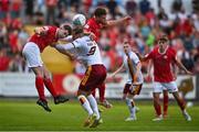 28 July 2022; Kevin Van Veen of Motherwell in action against Karl O'Sullivan, left, and Lewis Banks of Sligo during the UEFA Europa Conference League 2022/23 Second Qualifying Round First Leg match between Sligo Rovers and Motherwell at The Showgrounds in Sligo. Photo by David Fitzgerald/Sportsfile