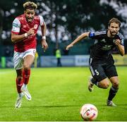 28 July 2022; Barry Cotter of St Patrick's Athletic in action against Klemen Pucko of Mura during the UEFA Europa Conference League 2022/23 Second Qualifying Round Second Leg match between Mura and St Patrick's Athletic at Mestni Stadion Fazanerija in Murska Sobota, Slovenia. Photo by Vid Ponikvar/Sportsfile