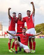 28 July 2022; Sligo marketing officer Shane Crossan, centre, with Sligo players, from left, Aidan Keena, Kailin Barlow and Max Mata after the UEFA Europa Conference League 2022/23 Second Qualifying Round First Leg match between Sligo Rovers and Motherwell at The Showgrounds in Sligo. Photo by David Fitzgerald/Sportsfile