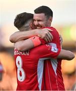 28 July 2022; Garry Buckley of Sligo, right, celebrates with team mate Niall Morahan after the UEFA Europa Conference League 2022/23 Second Qualifying Round First Leg match between Sligo Rovers and Motherwell at The Showgrounds in Sligo. Photo by David Fitzgerald/Sportsfile