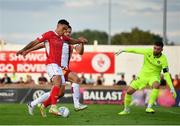 28 July 2022; Max Mata of Sligo in action against Liam Kelly of Motherwell during the UEFA Europa Conference League 2022/23 Second Qualifying Round First Leg match between Sligo Rovers and Motherwell at The Showgrounds in Sligo. Photo by David Fitzgerald/Sportsfile