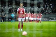 28 July 2022; St Patrick's Athletic players look on as Barry Cotter prepares to take a penalty in the penalty shootout during the UEFA Europa Conference League 2022/23 Second Qualifying Round Second Leg match between Mura and St Patrick's Athletic at Mestni Stadion Fazanerija in Murska Sobota, Slovenia. Photo by Vid Ponikvar/Sportsfile