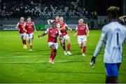 28 July 2022; St Patrick's Athletic players, including Serge Atakayi, front, celebrate after their side's victory in a penalty shootout in the UEFA Europa Conference League 2022/23 Second Qualifying Round Second Leg match between Mura and St Patrick's Athletic at Mestni Stadion Fazanerija in Murska Sobota, Slovenia. Photo by Vid Ponikvar/Sportsfile