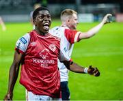 28 July 2022; Serge Atakayi of St.Patrick Athletic celebrates after the UEFA Europa Conference League 2022/23 Second Qualifying Round Second Leg match between Mura and St Patrick's Athletic at Mestni Stadion Fazanerija in Murska Sobota, Slovenia. Photo by Vid Ponikvar/Sportsfile