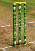 29 July 2022; A general view of the bails and stumps before the Cricket Ireland Inter-Provincial Trophy match between North West Warriors and Munster Reds at Pembroke Cricket Club in Dublin. Photo by Sam Barnes/Sportsfile