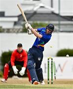 29 July 2022; Graham Kennedy of North West Warriors is bowled by David Delany of Munster Reds during the Cricket Ireland Inter-Provincial Trophy match between North West Warriors and Munster Reds at Pembroke Cricket Club in Dublin. Photo by Sam Barnes/Sportsfile