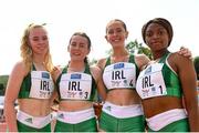 29 July 2022; Team Ireland girls medley relay team from left, Hannah Falvey, Amy-Jo Kierans, Hollie Kilroe and Okwu Backari after the girls medley relay during day five of the 2022 European Youth Summer Olympic Festival at Banská Bystrica, Slovakia. Photo by Eóin Noonan/Sportsfile