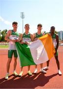 29 July 2022; Team Ireland, from left, Jason O’Reilly, Cormac Crotty, Toby Thompson and Jesse Osas after the boys medley relay during day five of the 2022 European Youth Summer Olympic Festival at Banská Bystrica, Slovakia. Photo by Eóin Noonan/Sportsfile