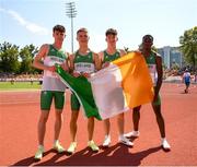 29 July 2022; Team Ireland, from left, Jason O’Reilly, Cormac Crotty, Toby Thompson and Jesse Osas after the boys medley relay during day five of the 2022 European Youth Summer Olympic Festival at Banská Bystrica, Slovakia. Photo by Eóin Noonan/Sportsfile