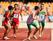 29 July 2022; Cormac Crotty of Team Ireland passes the batton to teammate Jason O’Reilly during the medley relay during day five of the 2022 European Youth Summer Olympic Festival at Banská Bystrica, Slovakia. Photo by Eóin Noonan/Sportsfile