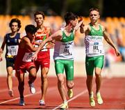 29 July 2022; Cormac Crotty of Team Ireland passes the batton to teammate Jason O’Reilly during the medley relay during day five of the 2022 European Youth Summer Olympic Festival at Banská Bystrica, Slovakia. Photo by Eóin Noonan/Sportsfile