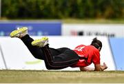 29 July 2022; Tyrone Kane of Munster Reds catches out Jared Wilson of North West Warriors during the Cricket Ireland Inter-Provincial Trophy match between North West Warriors and Munster Reds at Pembroke Cricket Club in Dublin. Photo by Sam Barnes/Sportsfile