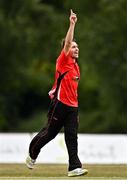 29 July 2022; Curtis Campher of Munster Reds celebrates the wicket of Andy McBrine of North West Warriors during the Cricket Ireland Inter-Provincial Trophy match between North West Warriors and Munster Reds at Pembroke Cricket Club in Dublin. Photo by Sam Barnes/Sportsfile