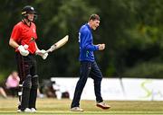 29 July 2022; Scott Macbeth of North West Warriors, right, celebrates the wicket of Curtis Campher of Munster Reds during the Cricket Ireland Inter-Provincial Trophy match between North West Warriors and Munster Reds at Pembroke Cricket Club in Dublin. Photo by Sam Barnes/Sportsfile