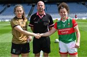 16 July 2022; Referee Jonathan Murphy with team captains Anna Galvin of Kerry and Kathryn Sullivan of Mayo before the TG4 All-Ireland Ladies Football Senior Championship Semi-Final match between Donegal and Meath at Croke Park in Dublin. Photo by Piaras Ó Mídheach/Sportsfile