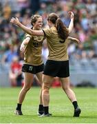 16 July 2022; Kerry players Niamh Brodrick, left, and Kayleigh Cronin celebrate after their side's victory in the TG4 All-Ireland Ladies Football Senior Championship Semi-Final match between Kerry and Mayo at Croke Park in Dublin. Photo by Piaras Ó Mídheach/Sportsfile
