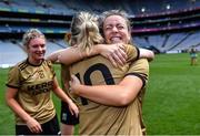 16 July 2022; Kerry players Clódagh Ní Chonchúir, right, and Niamh Carmody celebrate after their side's victory in the TG4 All-Ireland Ladies Football Senior Championship Semi-Final match between Kerry and Mayo at Croke Park in Dublin. Photo by Piaras Ó Mídheach/Sportsfile