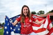 29 July 2022; Shelbourne Women's FC new signing Heather O'Reilly poses for a portrait at Tolka Park in Dublin. Photo by David Fitzgerald/Sportsfile