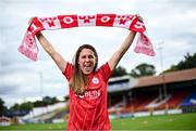29 July 2022; Shelbourne Women's FC new signing Heather O'Reilly poses for a portrait at Tolka Park in Dublin. Photo by David Fitzgerald/Sportsfile