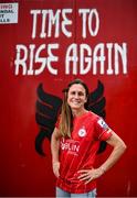 29 July 2022; Shelbourne Women's FC new signing Heather O'Reilly poses for a portrait at Tolka Park in Dublin. Photo by David Fitzgerald/Sportsfile